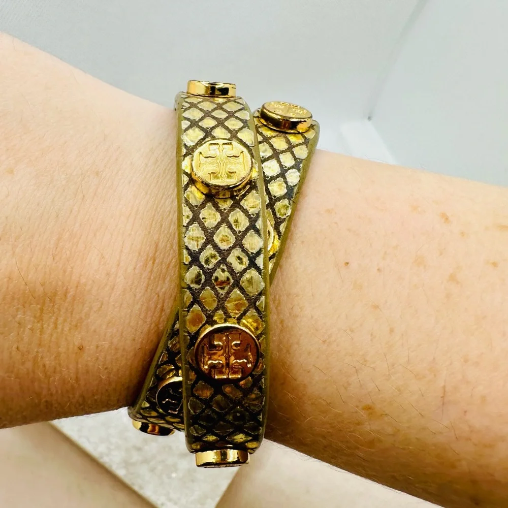 EUC Tory Burch Miller Stud Double Wrap Metallic Gold Exotic Snakeskin Bracelet